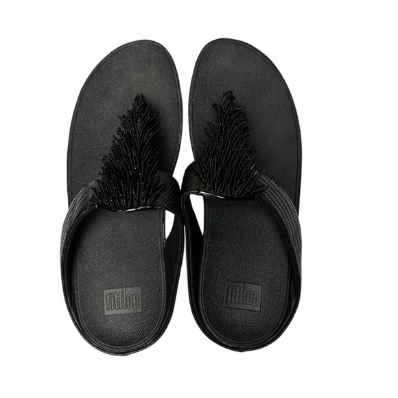 FitFlop Black Beaded Fringe Microwobbleboard Sandals Size 10 Comfort Beach Wedge - Picture 6 of 8